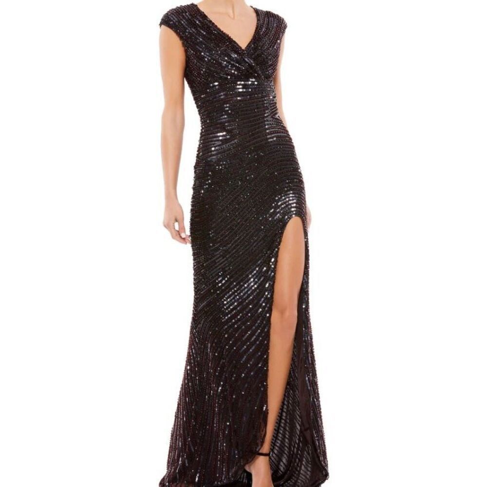 Mac Duggal Womens 10 V Neck Sequined Evening Gown Brown Lined Cap Sleeves NWT